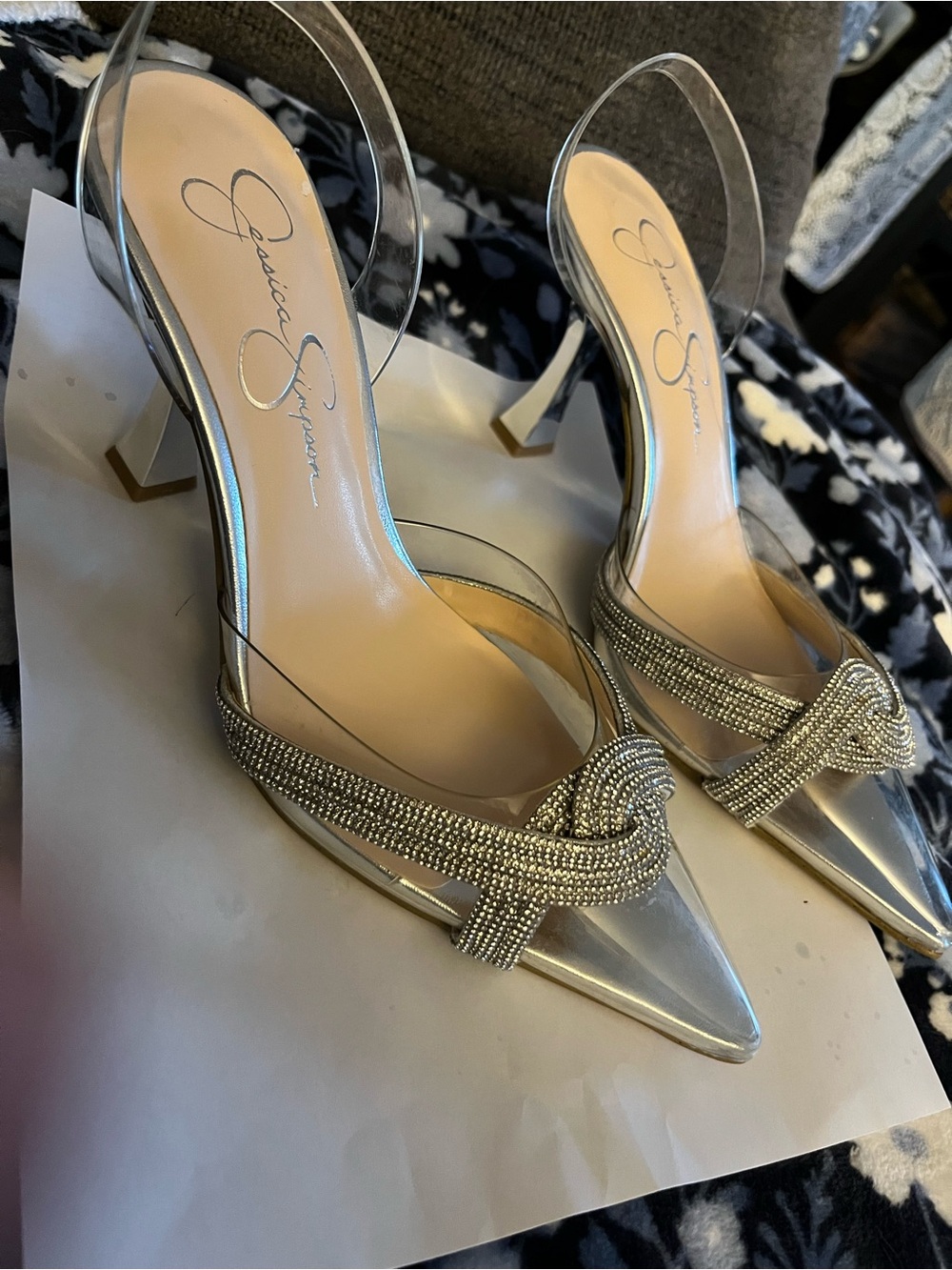Jessica Simpson Silver Crystal-Knot Pointed Slingback Heels